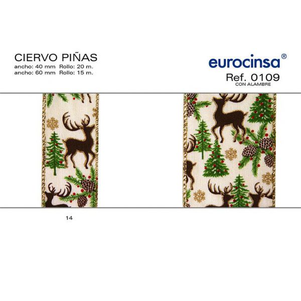 0109-Rollo CINTA CIERVO-PIÑAS ANCHO 40/60mm. CON ALAMBRE