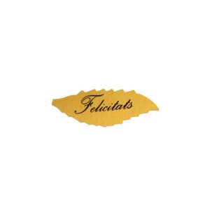 425C01-Rollo ETIQUETAS FELICITATS HOJA FONDO ORO IMPRESIÓN TINTA NEGRO 4,5 x 1,7cm. 450ud.
