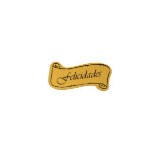 425F14-Rollo ETIQUETAS FELICIDADES PERGAMINO FONDO ORO IMPRESIÓN TINTA NEGRO 35 x 15mm. 450ud.