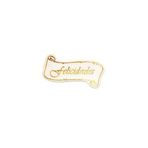 425F28-Rollo ETIQUETAS FELICIDADES PERGAMINO FONDO BLANCO IMPRESIÓN PELÍCULA ORO 35 x 15mm. 450ud.