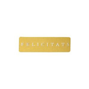 426011-Rollo ETIQUETAS FELICITATS RECTANGULAR FONDO ORO IMPRESIÓN PELÍCULA PLATA 5 x 1,5cm. 450ud.