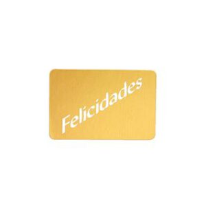 428007-Rollo ETIQUETAS FELICIDADES FONDO ORO IMPRESIÓN PELÍCULA PLATA 45 x 30mm. 450ud.