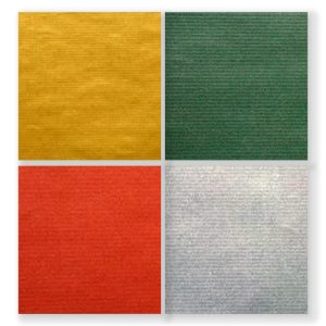 480007-Caja 60 ROLLITOS PAPEL KRAFT OSCURO ORO-PLATA-ROJO-VERDE 70cm. x 2m. CON CARTONETTE