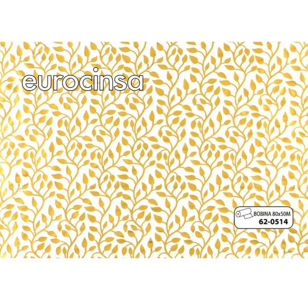 620514-Bobina POLIPROPILENO TRANSPARENTE IMPRESO DISEÑO COLOR ORO 35micras 80cm x 50m.