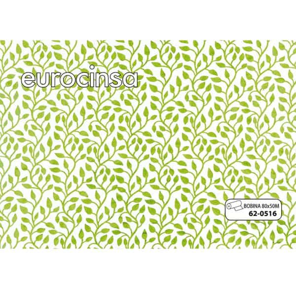 620516-Bobina POLIPROPILENO TRANSPARENTE IMPRESO DISEÑO COLOR VERDE 35micras 80cm x 50m.