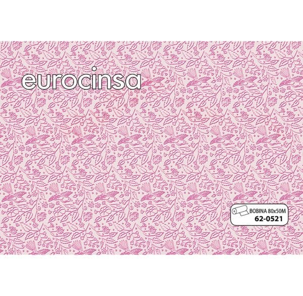 620521-Bobina POLIPROPILENO TRANSPARENTE IMPRESO DISEÑO COLOR FUCSIA 35micras 80cm x 50m.