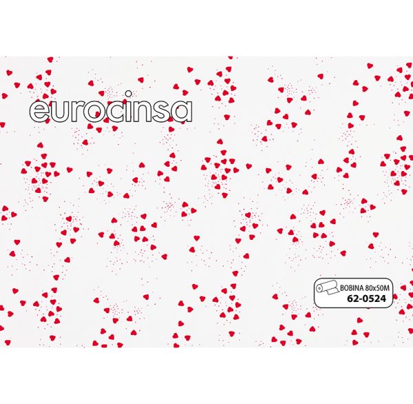 620524-Bobina POLIPROPILENO TRANSPARENTE IMPRESO CORAZONES COLOR FUCSIA 35micras 80cm x 50m.