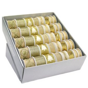 2027B-BOUTIQUE CINTA TEXTIL NAVIDAD COLECCIÓN GOLD Ancho 15mm. 10 Rollos x 4m. Ancho 25mm. 15 Rollos x 3m. Ancho 40mm. 15 Rollos x 2m.