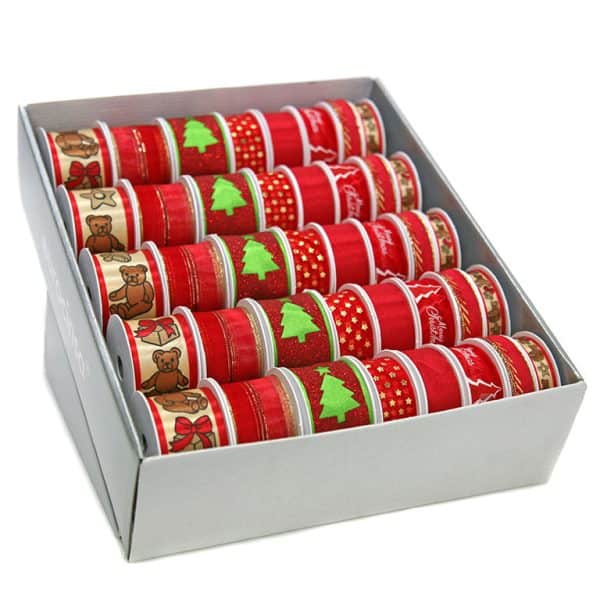 2027B-BOUTIQUE CINTA TEXTIL NAVIDAD COLECCIÓN XMAS RED Ancho 15mm. 10 Rollos x 4m. Ancho 25mm. 15 Rollos x 3m. Ancho 40mm. 15 Rollos x 2m.