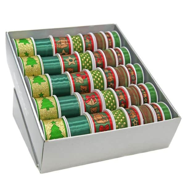 2027B-BOUTIQUE CINTA TEXTIL NAVIDAD COLECCIÓN GREEN Ancho 15mm. 10 Rollos x 4m. Ancho 25mm. 15 Rollos x 3m. Ancho 40mm. 15 Rollos x 2m.