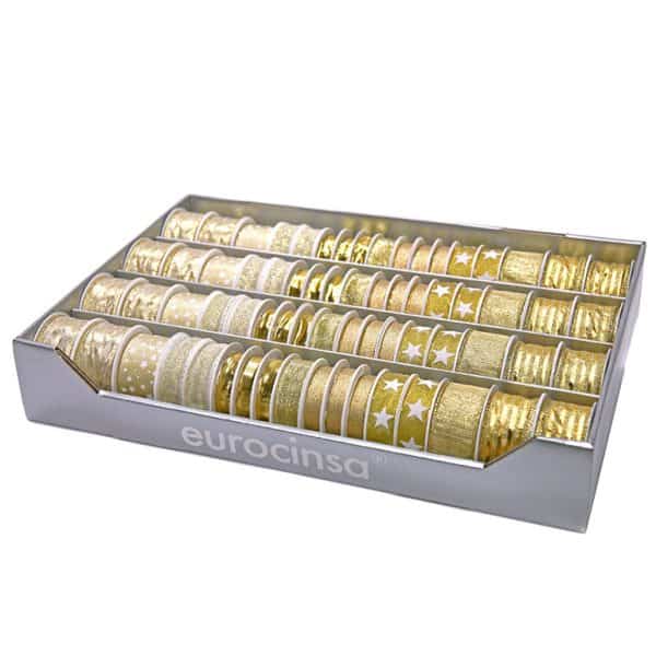 2527P-BANDEJA CINTA TEXTIL NAVIDAD COLECCIÓN GOLD Ancho 15mm. 24 Rollos x 4m. Ancho 25mm. 20 Rollos x 3m. Ancho 40mm. 24 Rollos x 2m.