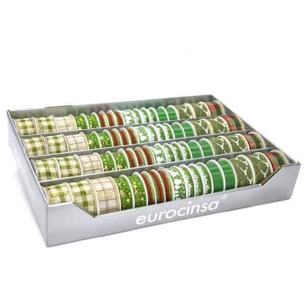 2727P-BANDEJA CINTA TEXTIL NAVIDAD COLECCIÓN GREEN Ancho 15mm. 24 Rollos x 4m. Ancho 25mm. 20 Rollos x 3m. Ancho 40mm. 24 Rollos x 2m.