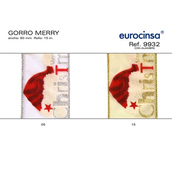 9932-Rollo CINTA GORRO MERRY X+ Ancho 60mm. 15m. CON ALAMBRE