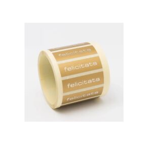ET124-Rollo ETIQUETAS FELICITAS FONDO ORO MATE IMPRESIÓN PELÍCULA PLATA 50 x 15mm. 500ud.