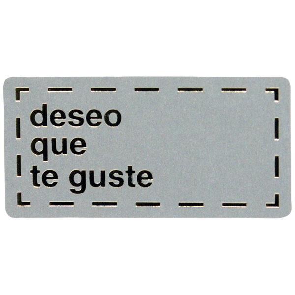 ET185-Rollo ETIQUETAS DESEO QUE TE GUSTE FONDO PLATA  IMPRESIÓN PELÍCULA ORO 50x25mm. 500ud.
