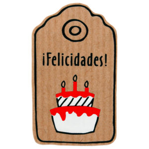 ET701-ROLLO ETIQUETAS FELICIDADES CON TARTA FONDO KRAFT IMPRESIÓN PELÍCULA Y TINTA 30x50mm. 250ud.