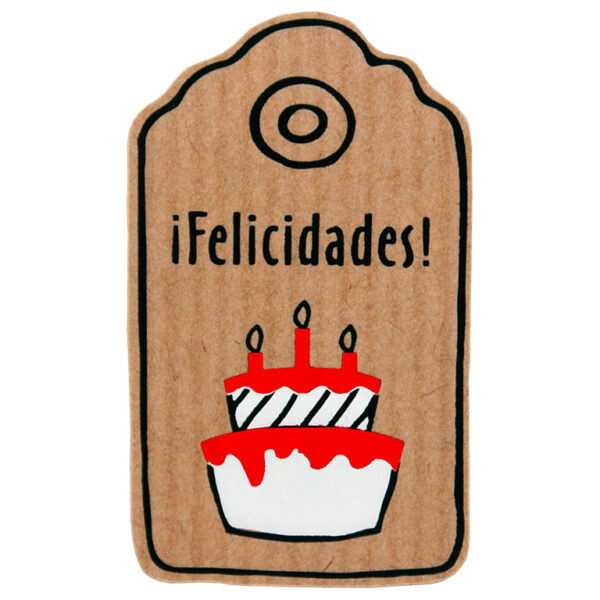 ET701-ROLLO ETIQUETAS FELICIDADES CON TARTA FONDO KRAFT IMPRESIÓN PELÍCULA Y TINTA 30x50mm. 250ud.