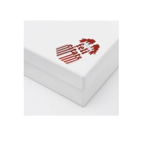 ET801-Rollo ETIQUETAS FELICITATS CAJA FONDO BLANCO MATE IMPRESIÓN PELÍCULA ROJO Y TINTAS ROJO Y GRIS 33 x 50mm. 250ud.
