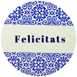 ET903-Rollo ETIQUETAS FELICITATS FONDO BLANCO IMPRESIÓN PELÍCULA Y TINTA AZUL Ø60mm. 250ud.