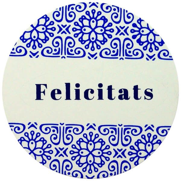 ET903-Rollo ETIQUETAS FELICITATS FONDO BLANCO IMPRESIÓN PELÍCULA Y TINTA AZUL Ø60mm. 250ud.