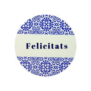 ET906-Rollo ETIQUETAS FELICITATS FONDO BLANCO IMPRESIÓN PELÍCULA Y TINTA AZUL Ø30mm. 500ud.