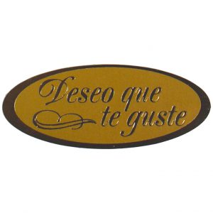 ET908-ROLLO ETIQUETAS DESEO QUE TE GUSTE FONDO ORO MATE IMPRESIÓN PELÍCULA PLATA OVALADA 50x20mm. 500ud.