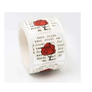 ETSJ6-Rollo ETIQUETAS SANT JORDI FONDO VERJURADO IMPRESIÓN PELÍCULA PLATA Y TINTA NEGRO/ROJO 40 x 40mm. 250ud.