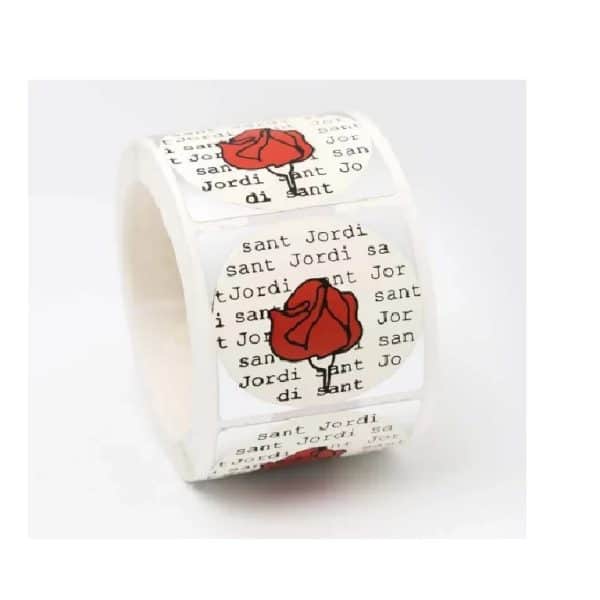 ETSJ6-Rollo ETIQUETAS SANT JORDI FONDO VERJURADO IMPRESIÓN PELÍCULA PLATA Y TINTA NEGRO/ROJO 40 x 40mm. 250ud.