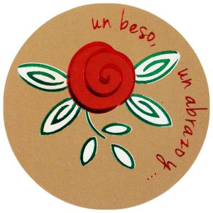 ETSJ7-Rollo ETIQUETAS UN BEC, UNA ABRACADA Y.... FONDO HAVANNA IMPRESIÓN PELÍCULA ROJO/VERDE Y TINTA ROJO/BLANCO Ø55mm. 250ud.