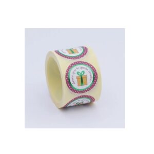 ET304-Rollo ETIQUETAS DESEO QUE TE GUSTE MUCHO FONDO BLANCO IMPRESIÓN PELÍCULA VERDE TINTAS FUCSIA/AMARILLO Ø50mm. 250ud.