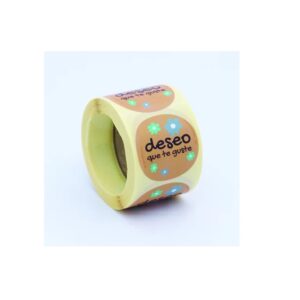 ET216-Rollo ETIQUETAS DESEO QUE TE GUSTE FONDO MOSTAZA IMPRESIÓN TINTA AZUL Y VERDE Ø45mm. 250ud.