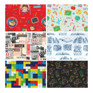 482021-Caja 55 ROLLITOS PAPEL FANTASÍA COLECCIÓN LOVE SCHOOL 70cm. x 2m. CON CARTONETTE