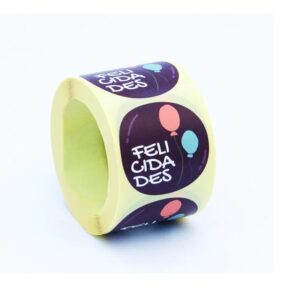 ET225-ROLLO ETIQUETAS FELICIDADES FONDO BLANCO IMPRESIÓN AZUL, NARANJA Y MARRÓN ø45mm. 250ud.