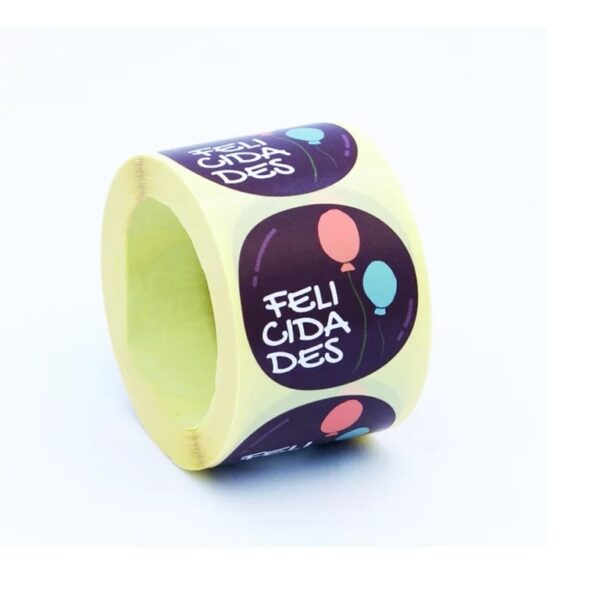 ET225-ROLLO ETIQUETAS FELICIDADES FONDO BLANCO IMPRESIÓN AZUL, NARANJA Y MARRÓN ø45mm. 250ud.