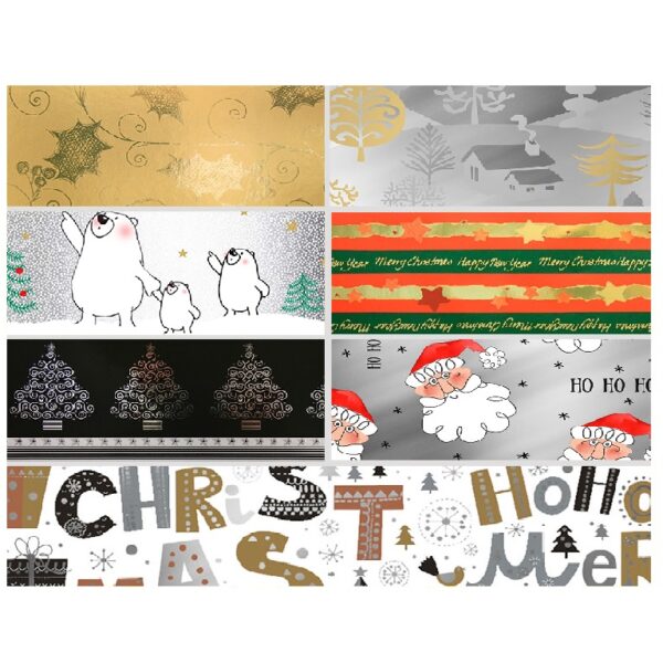482037-Caja 55 ROLLITOS PAPEL FANTASÍA METALIZADO NAVIDAD 70cm. x 1,5m. CON CARTONETTE